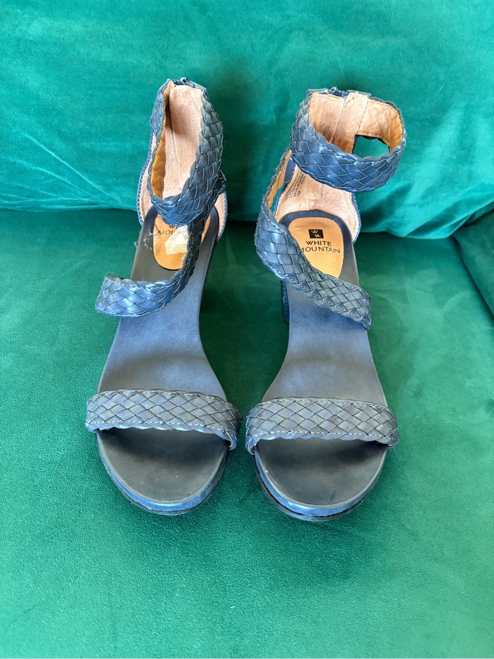 White Mountain Navy Braided Ankle-Wrap Heeled Sandals